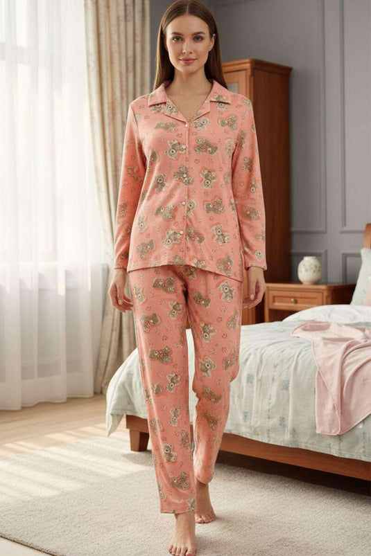 Bear Patterned Suede Overlapping Collar Pajama Set Puppy Mouth