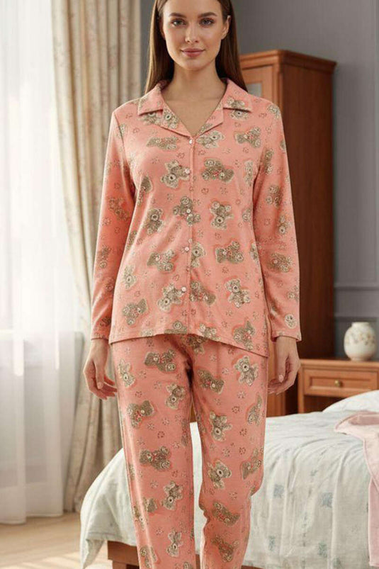 Bear Patterned Suede Overlapping Collar Pajama Set Puppy Mouth