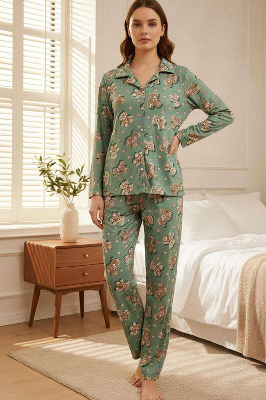 Bear Patterned Suede Cross-Collar Pajama Set Green