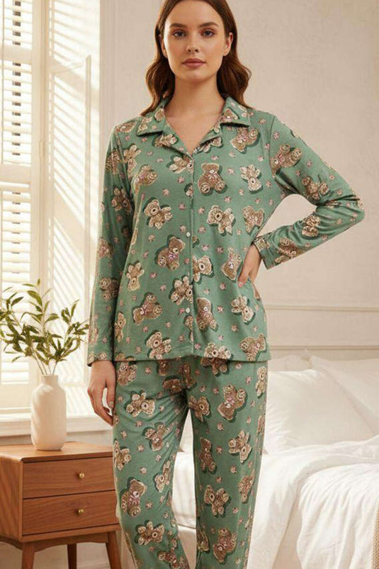 Bear Patterned Suede Cross-Collar Pajama Set Green