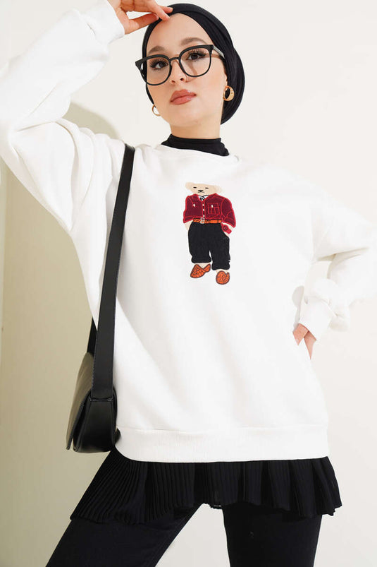 سترة تيدي بير مطرزة بثلاثة خيوط باللون الأبيض