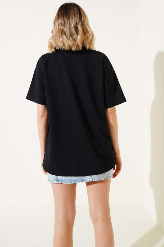 Ayıcık Nakışlı Basic T-shirt Siyah