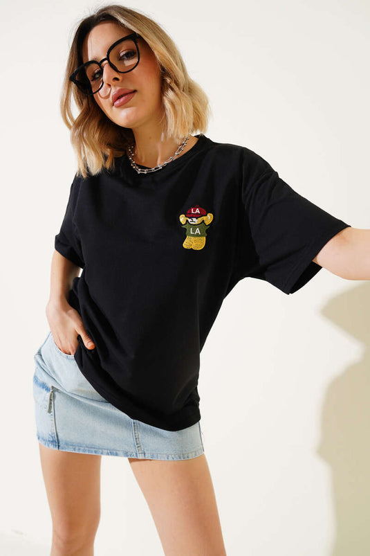 Ayıcık Nakışlı Basic T-shirt Siyah