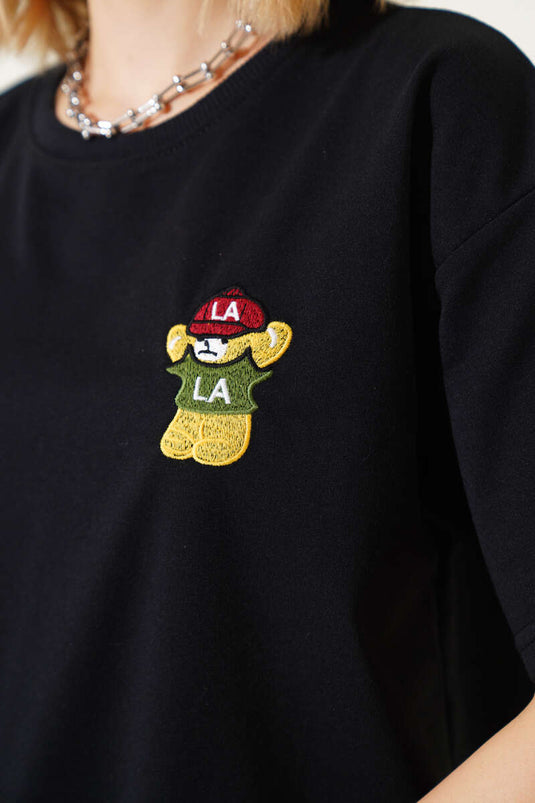 Ayıcık Nakışlı Basic T-shirt Siyah