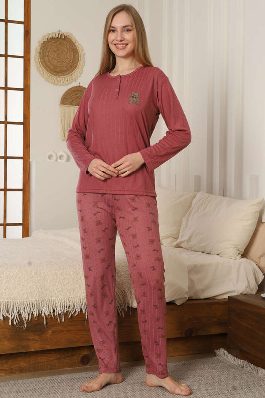 Ayıcık Nakışlı Fitilli Uzun Kol Pijama Takımı Magenta