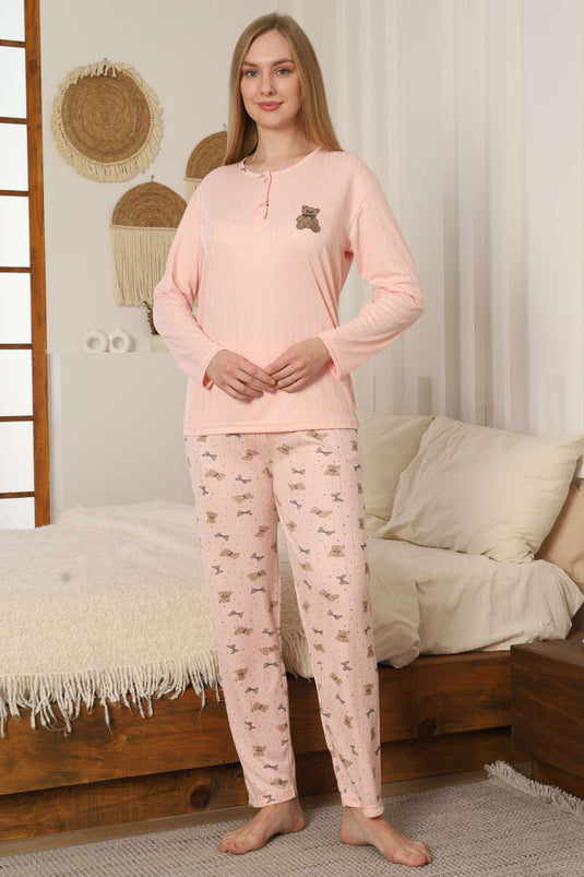 Ayıcık Nakışlı Fitilli Uzun Kol Pijama Takımı Yavru Ağzı