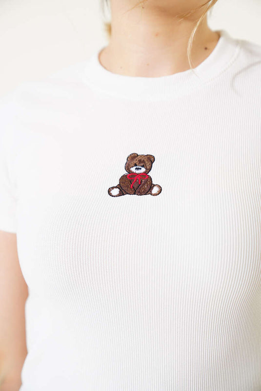 Ayıcık Nakışlı Kısa Kol Crop Beyaz