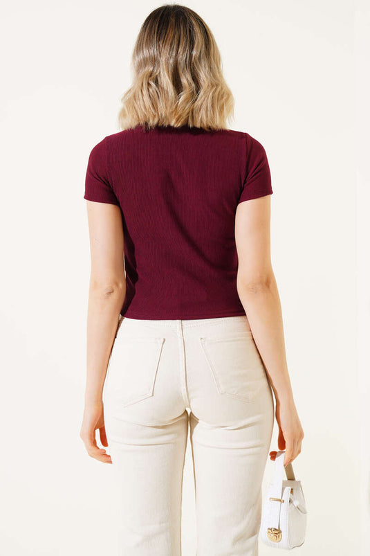 Ayıcık Nakışlı Kısa Kol Crop Bordo