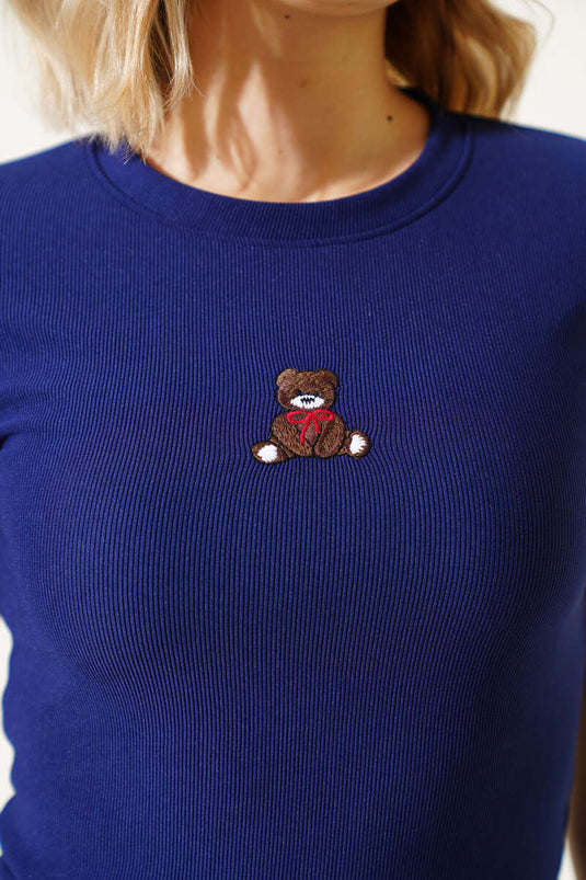 Ayıcık Nakışlı Kısa Kol Crop Lacivert