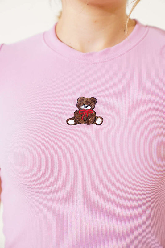 Ayıcık Nakışlı Kısa Kol Crop Pembe
