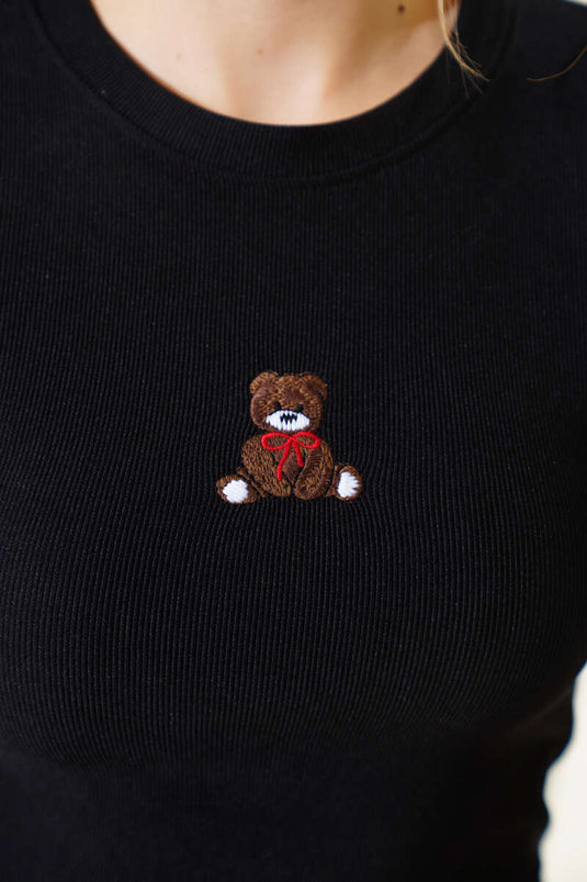 Ayıcık Nakışlı Kısa Kol Crop Siyah