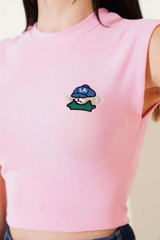 Teddy Bear Embroidered Sleeveless Crop Pink
