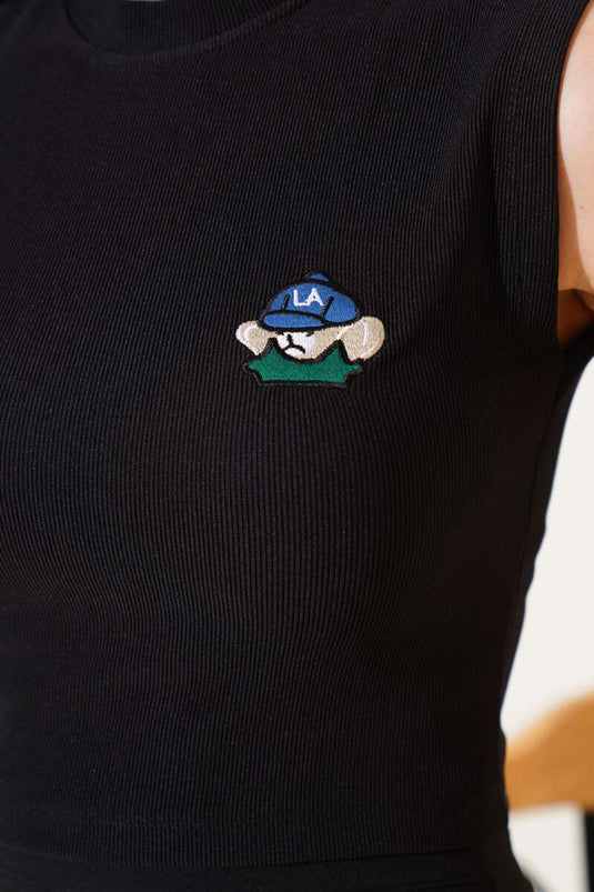 Teddy Bear Embroidered Sleeveless Crop Black