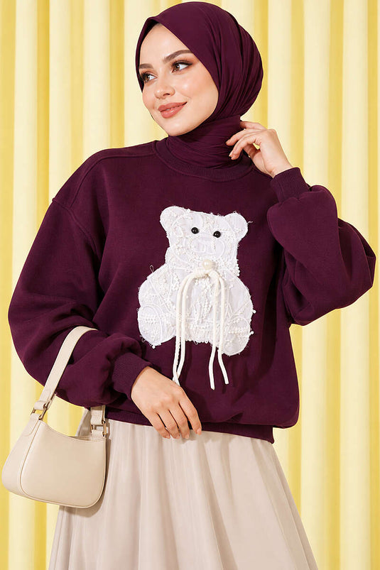 Ayıcık Nakışlı Üç İplik Swatshirt Mürdüm