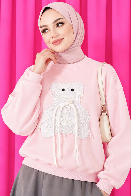 Ayıcık Nakışlı Üç İplik Swatshirt Pembe