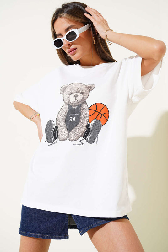 Ayıcıklı Basket Top Baskılı T-shirt Beyaz