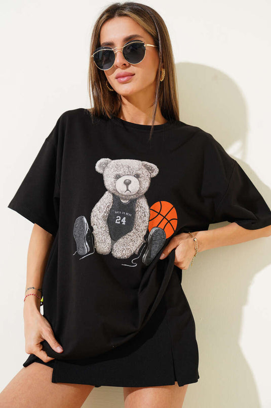 Ayıcıklı Basket Top Baskılı T-shirt Siyah