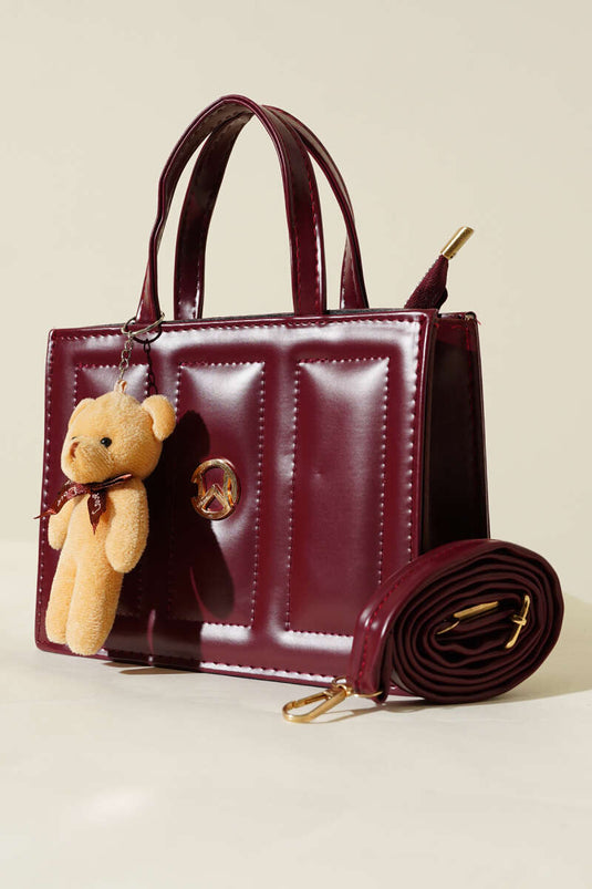 Sac carré à broderies ours en peluche, bordeaux