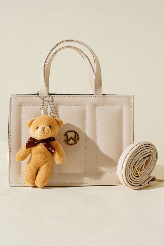 Teddy Bear Stitched Square Bag, Cream