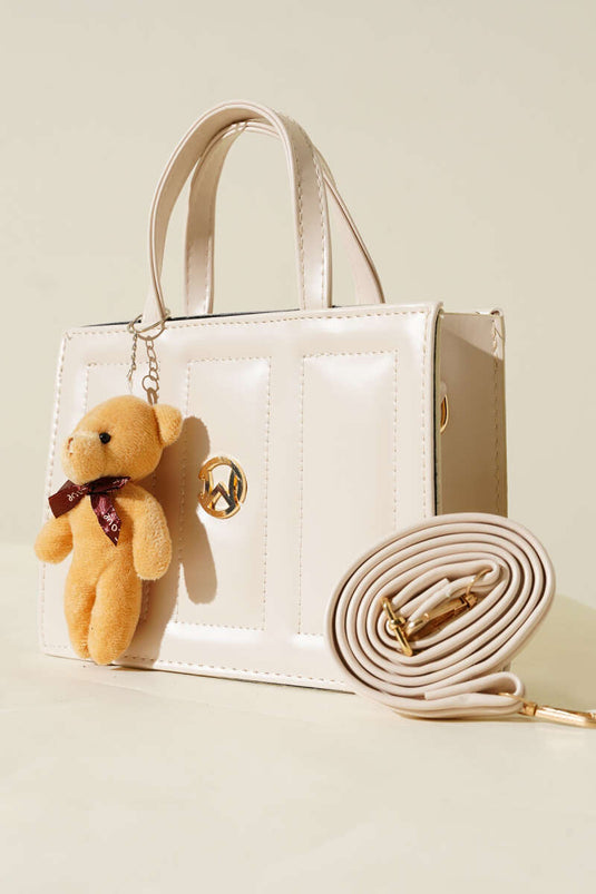 Teddy Bear Stitched Square Bag, Cream