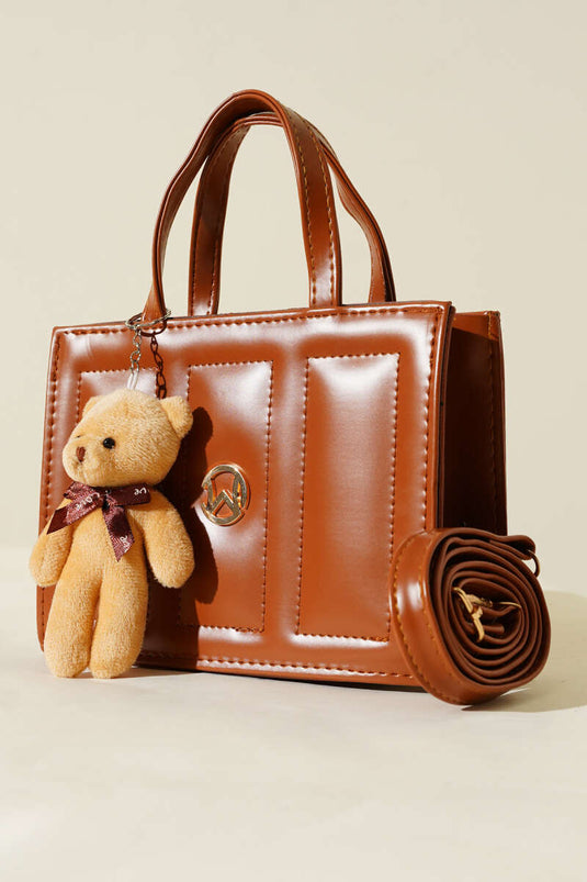 Teddy Bear Stitched Square Bag, Tan
