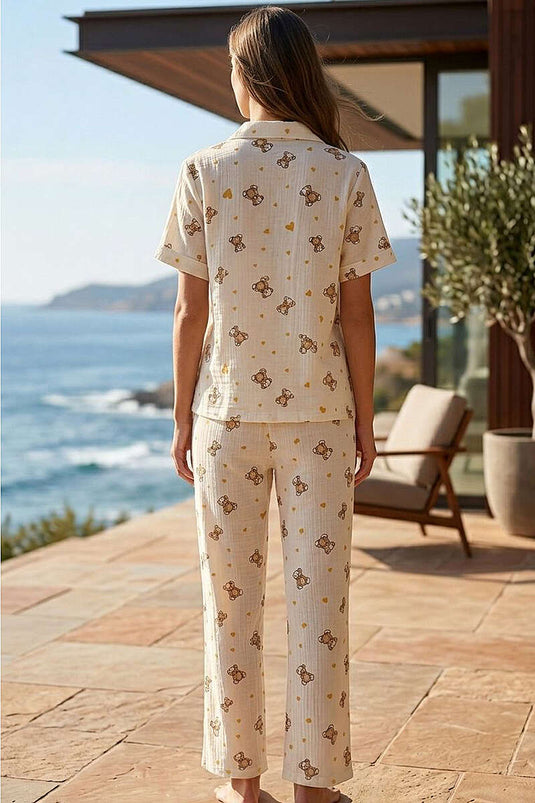 Ayıcıklı Gömlek Yaka Müslin Kısa Kollu Pijama Takımı Bej