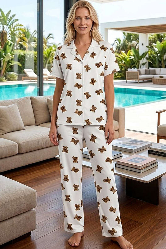Ayıcıklı İnci Düğmeli Kısa Kollu Pijama Takımı Beyaz