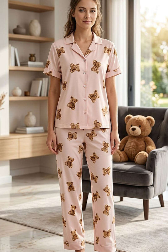 Ayıcıklı İnci Düğmeli Kısa Kollu Pijama Takımı Yavru Ağzı