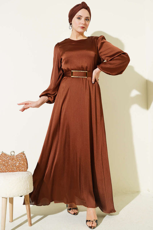 Ayna Gürtel Ballonärmel Abendkleid Braun