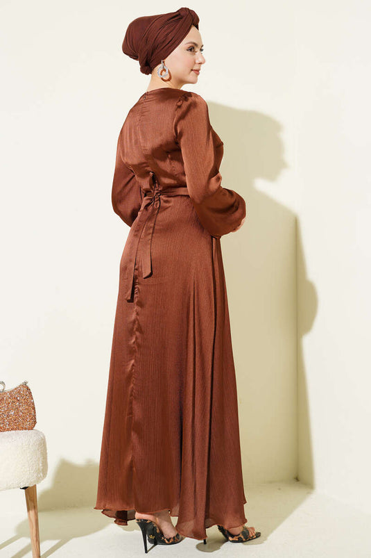 Ayna Gürtel Ballonärmel Abendkleid Braun