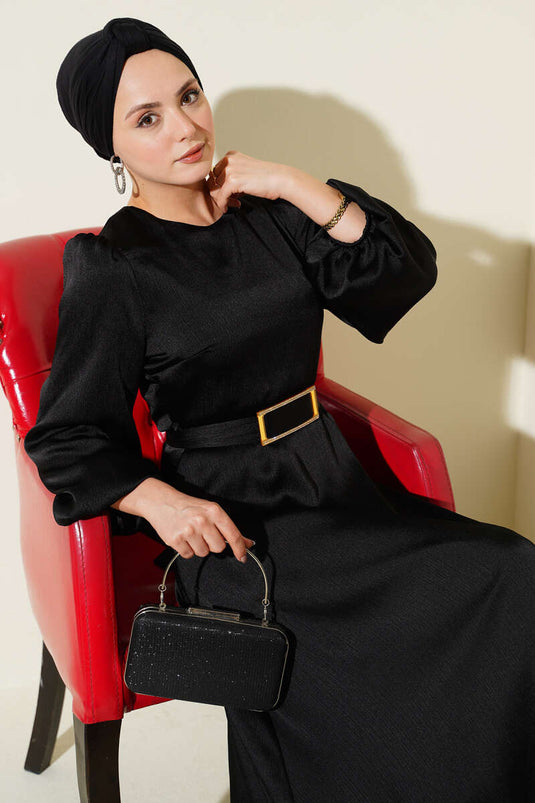 فستان سهرة أسود بأكمام بالون وحزام من أيْنا