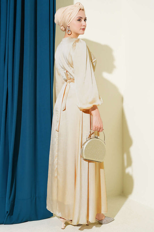 Ayna Gürtel Ballonärmel Abendkleid Beige
