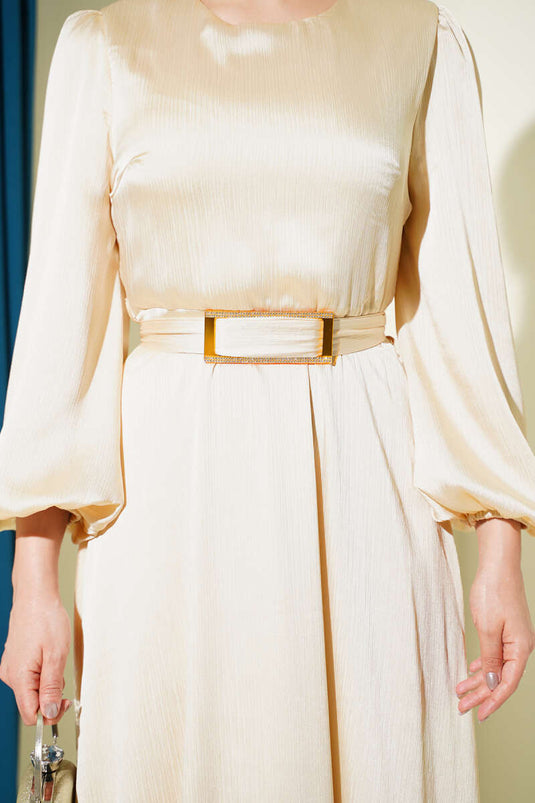 Ayna Gürtel Ballonärmel Abendkleid Beige