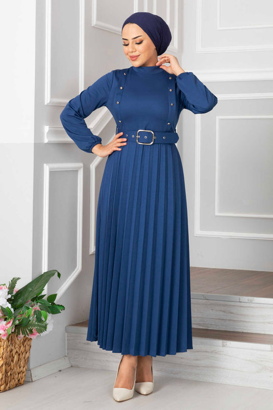 Aynur Pleated Hijab Dress Indigo
