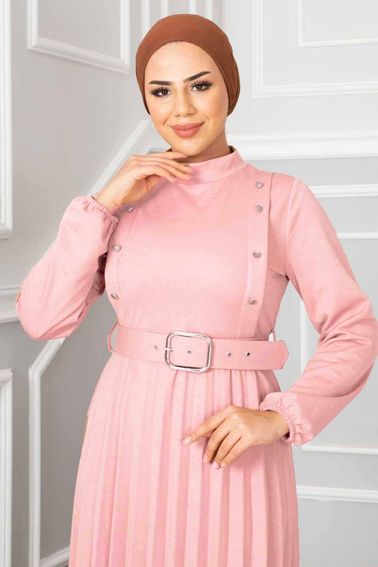 Aynur Piliseli Tesettür Elbise Pudra