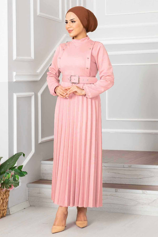 Aynur Piliseli Tesettür Elbise Pudra