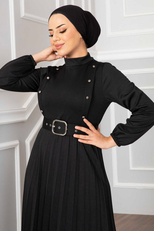 Aynur Pleated Hijab Dress Black