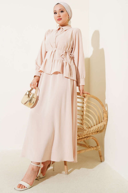 Ayrobin tweedelig set met koord en rok in beige
