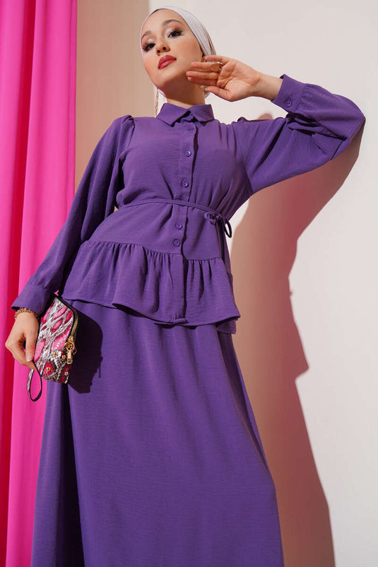 طقم تنورة من قطعتين من أيروبين بتفاصيل رباط، لون أرجواني فاتح