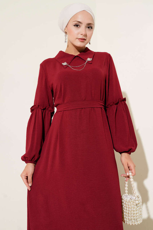 Ayrobin Kol Büzgülü Elbise Bordo