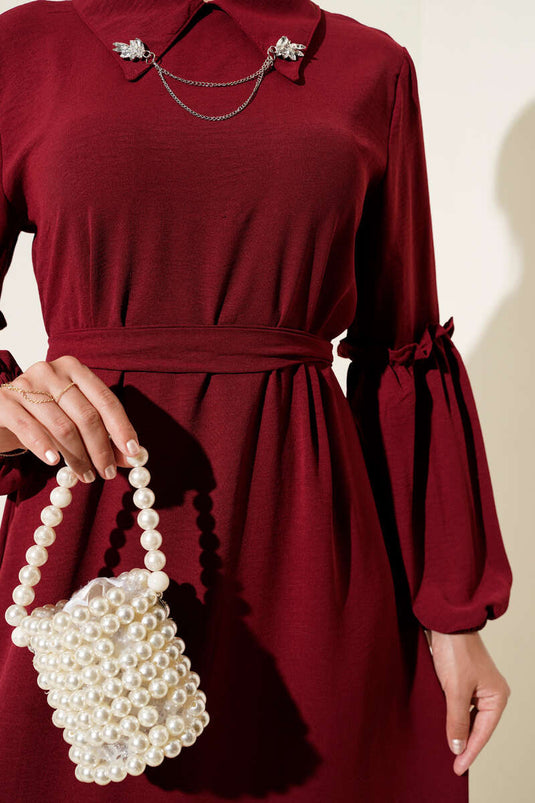 Ayrobin Kol Büzgülü Elbise Bordo