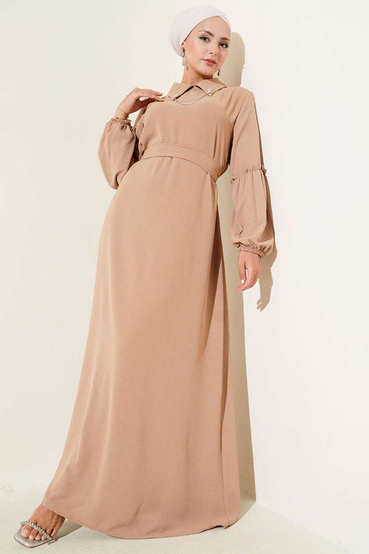 Ayrobin Kol Büzgülü Elbise Camel