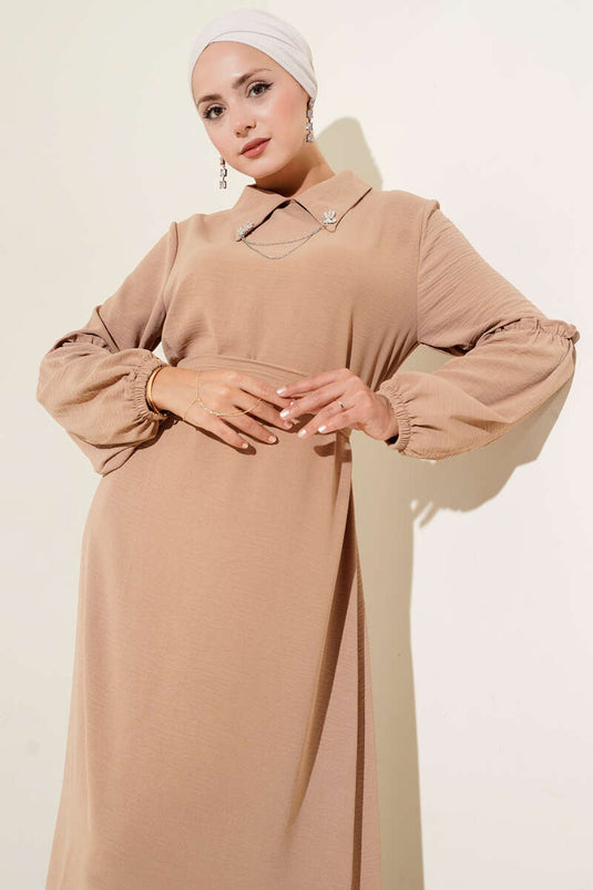 Ayrobin Kol Büzgülü Elbise Camel