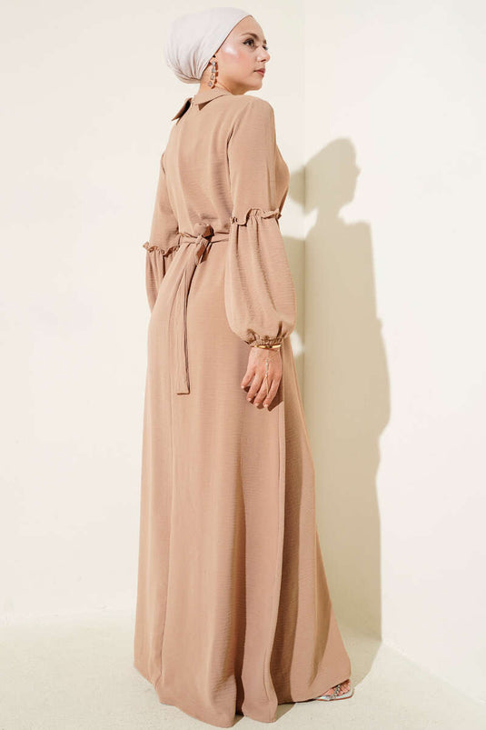 Ayrobin Kol Büzgülü Elbise Camel