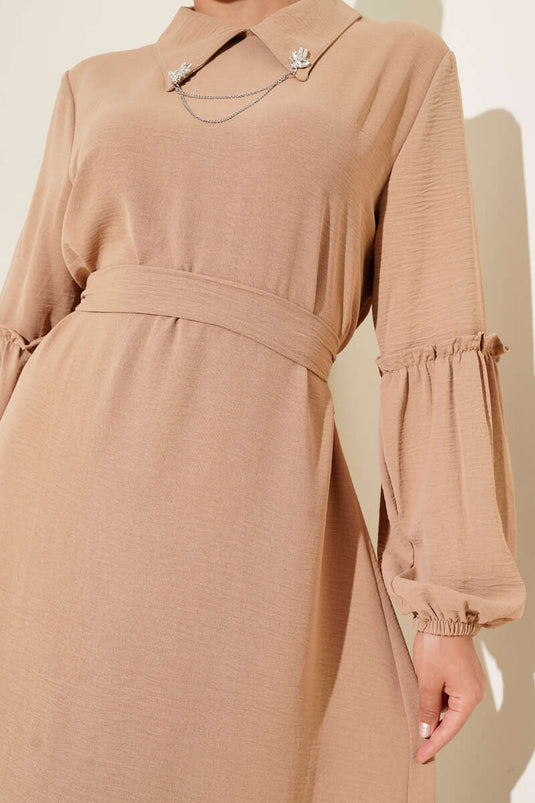 Ayrobin Kol Büzgülü Elbise Camel