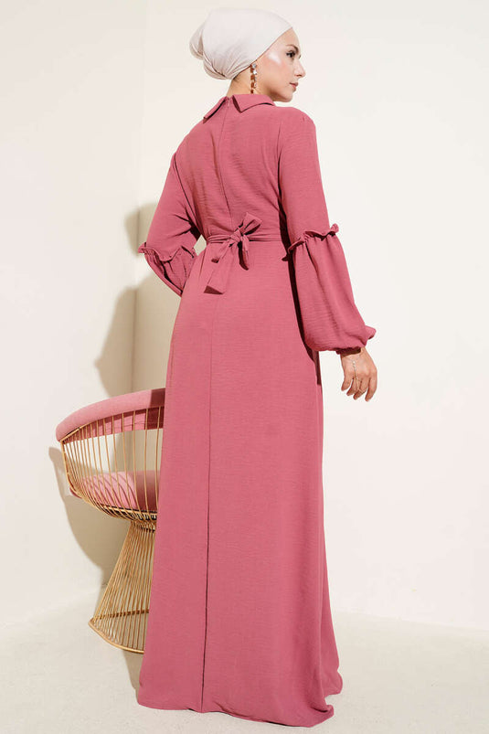 Ayrobin Kol Büzgülü Elbise Gül Kurusu