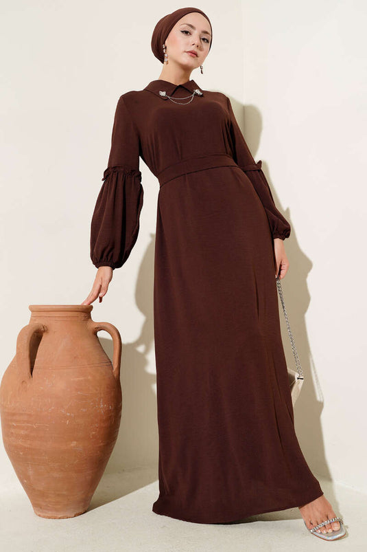 Ayrobin Kol Büzgülü Elbise Kahve
