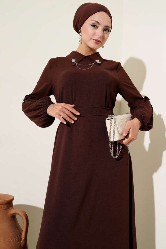 Ayrobin Kol Büzgülü Elbise Kahve