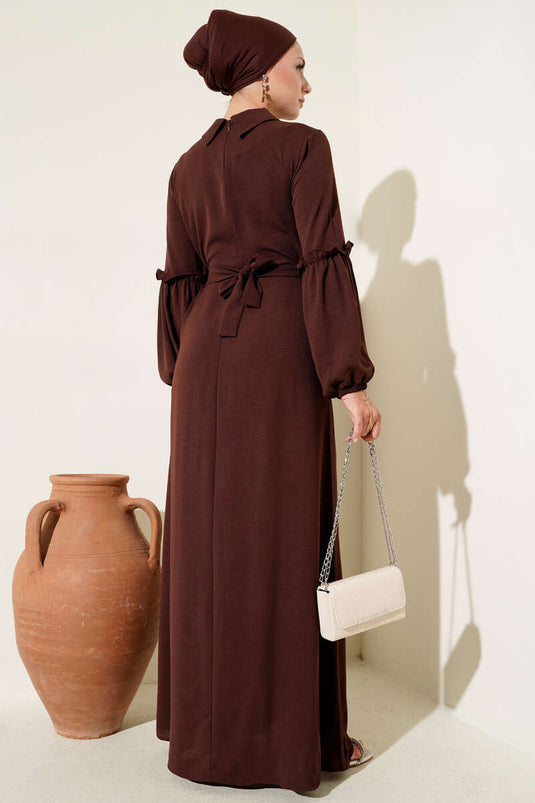 Ayrobin Kol Büzgülü Elbise Kahve