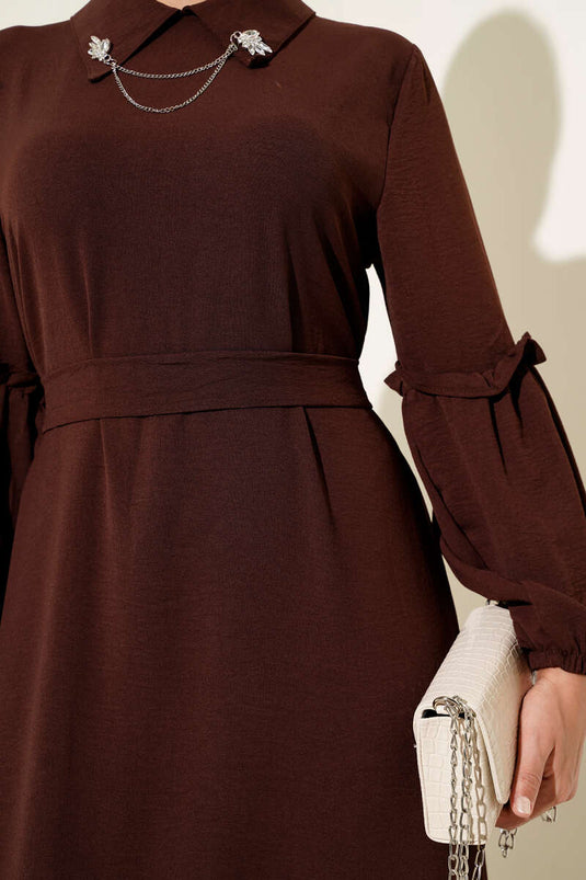 Ayrobin Kol Büzgülü Elbise Kahve